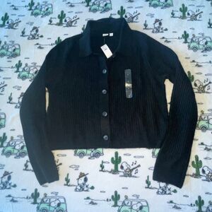 New GAP black button down long sleeve collared ribbed cardigan sweater size L